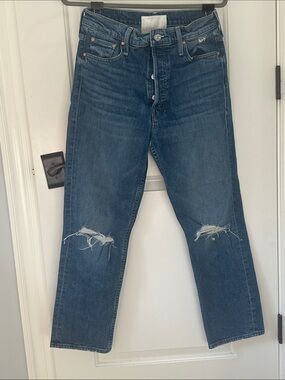 MOTHER Dark Blue Straight Jeans with Knee Rips